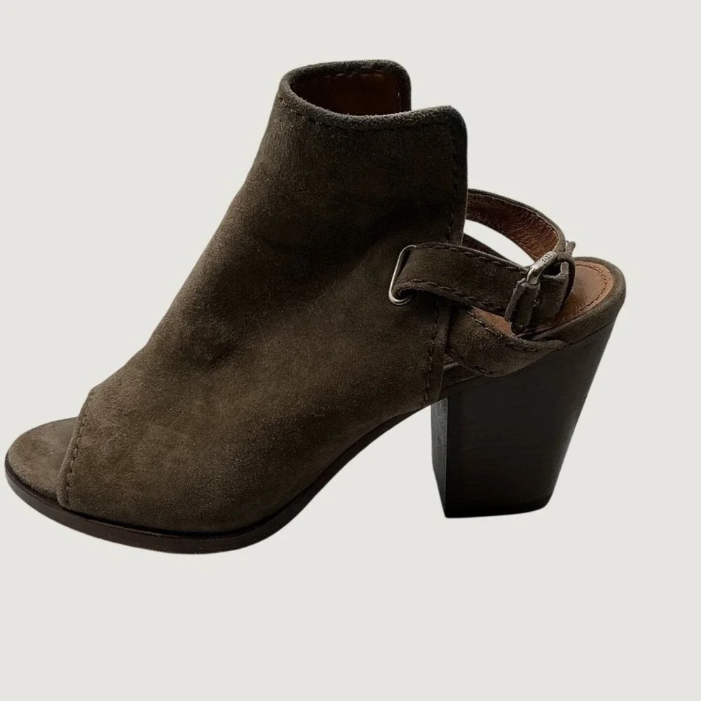 Frye Olive Green Suede Peep Toe Slingback Block Heel Shooties 9.5M 3471228-DTP